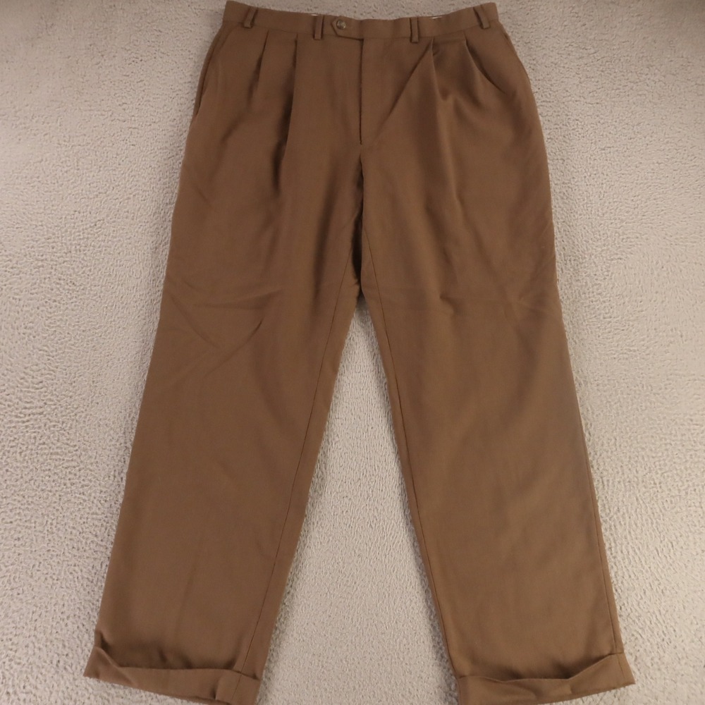 Chaps Pants Mens 38x31 Brown 100% Wool Twill Gusset Slacks Cuffed Pleated